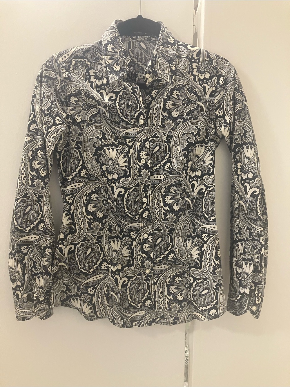 ETRO Italy Womens Black Ivory Paisley Stretch Cotton Fitted Shirt Sz 38 2 XS.